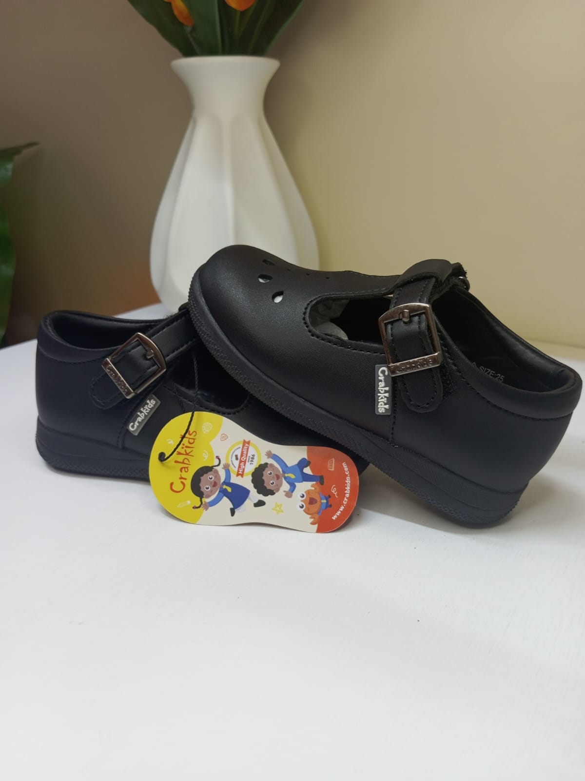CrabKids Black Buckle School Shoe